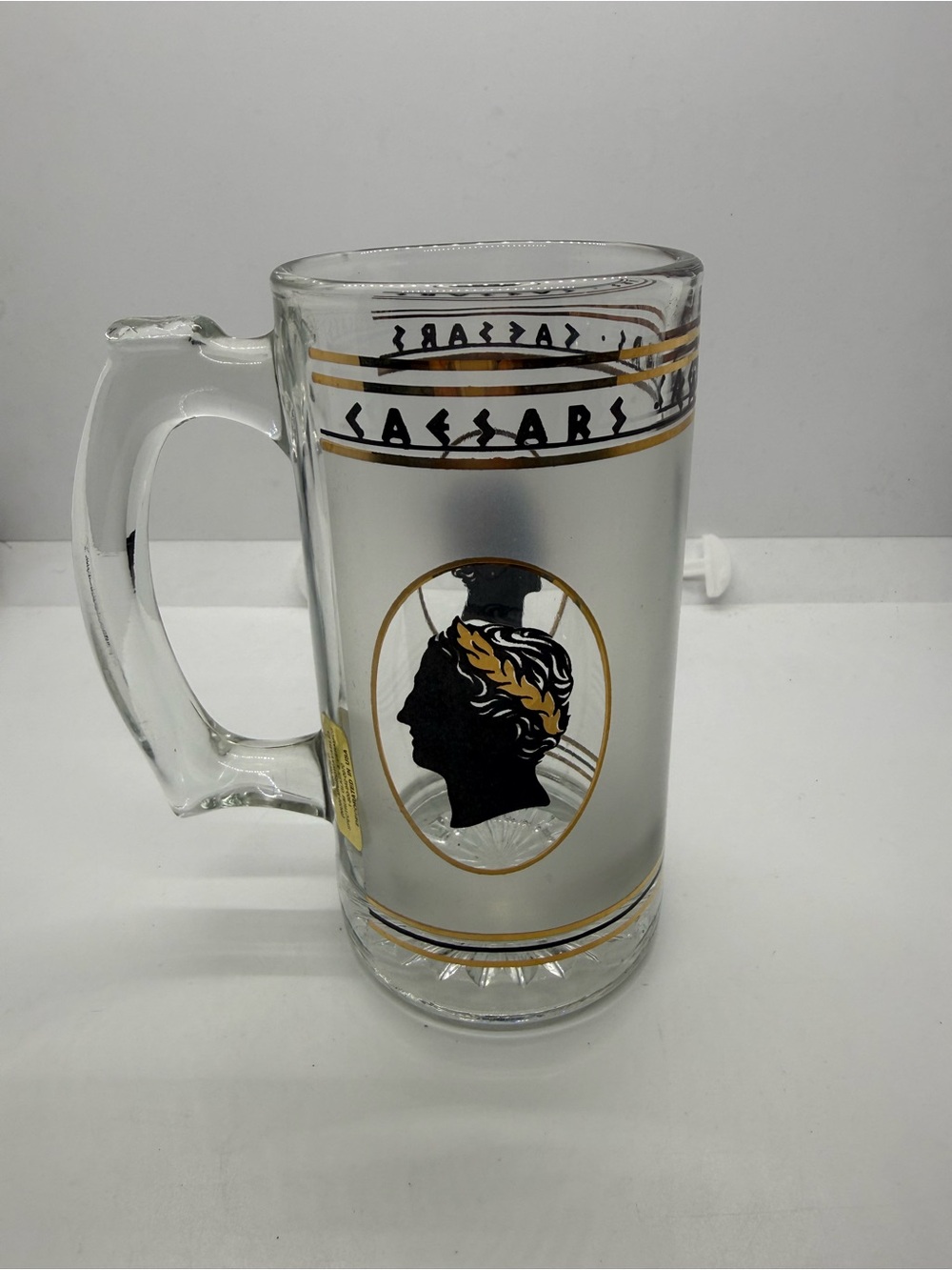 Vintage Caesars Palace Las Vegas Glass Beer Stein Mug Gold Trim Roman Bust